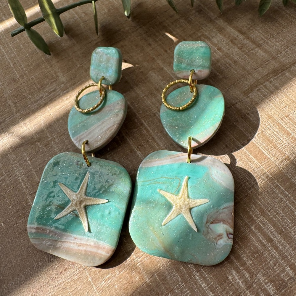 Starfish Dangle Earrings in Teal and Gold
